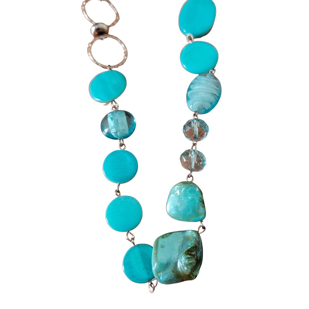 Turquoise Statement Necklace Beaded Shell Glass Silver Tone Adjustable 32-35 In